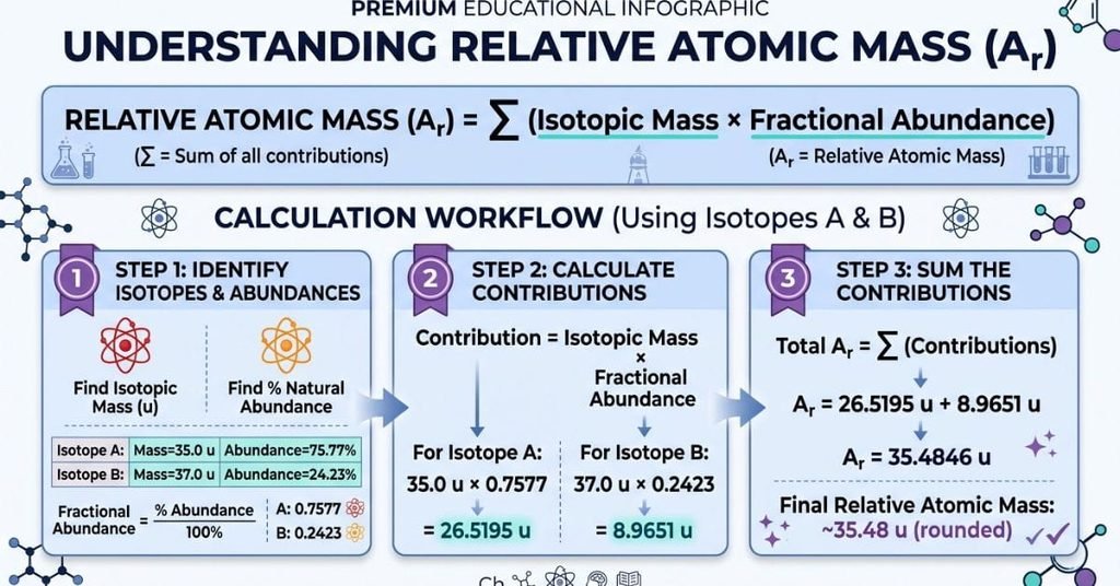 Relative atomic mass formula infographic showing isotope masses, fractional abundances, and a step-by-step weighted-average calculation.