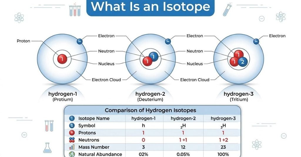 Hydrogen isotope diagram comparing hydrogen-1, hydrogen-2, and hydrogen-3 by their proton and neutron counts.