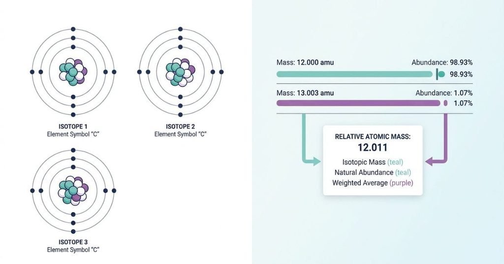 Educational infographic explaining relative atomic mass as a weighted average of isotope masses and natural abundances.